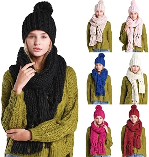 EEKLSJ Kadın Kış 2 Adet Düz Renk Kablo Örgü Ponpon Bere Şapka Püskül Uzun Eşarp Seti (Renk: C, Boyutu: Bir Boyut)