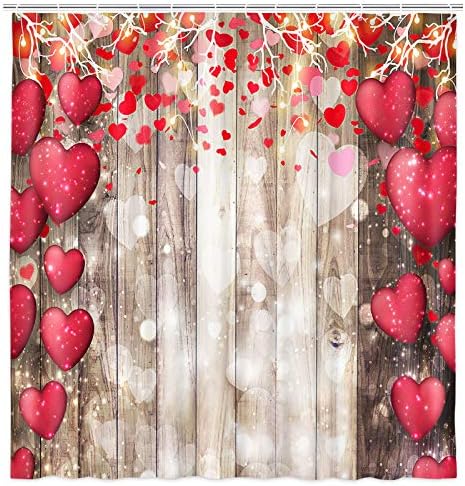 Sevgililer Günü Seni Seviyorum Kalp Kumaş Duş Perdesi, Çiftlik Evi Sevgililer Günü Banyo Süslemeleri için Kırmızı Kalpli Sevimli
