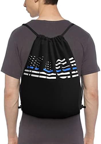 İpli sırt çantası spor salonu alışveriş spor Yoga için Amerika polis ince mavi dize çanta Sackpack olun