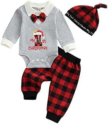 Yenidoğan Erkek Bebek Benim Ilk Noel Giysileri Uzun Kollu Papyon Romper Ekose Pantolon ıle Şapka Xmas 3 ADET Kıyafetler Set