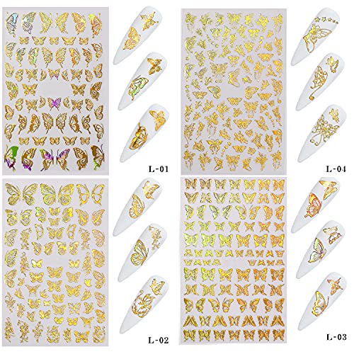 Publi 8 Levhalar Kelebek Nail Art Etiketler Lazer 3D Kendinden yapışkanlı Altın ve Gümüş Nail Art Çıkartmaları Tasarım tırnak