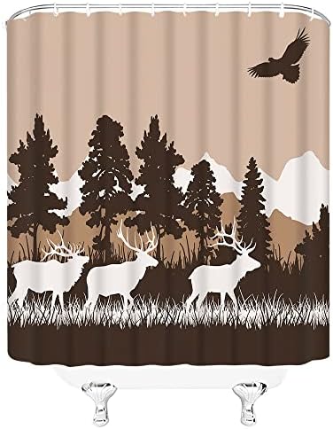 Geyik Duş Perdesi Moose Elk Siluetleri Rustik Kabin Vahşi Avcılık Hayvan Dağ Kuş Ağacı Otlak Ülke Doğa Peyzaj Kumaş Perde Setleri