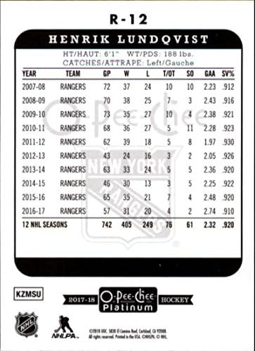 2017-18 O-Pee-Chee Platin Retro R-12 Henrik Lundqvist New York Rangers Hokey Kartı